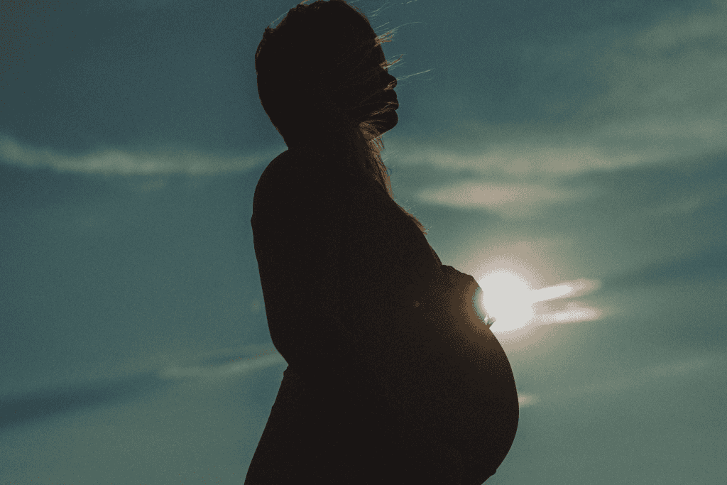A pregnant woman with a swollen belly stands with the sun behind her